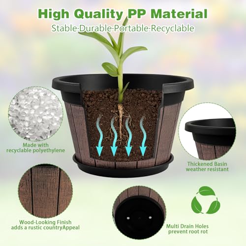 Quarut 4 Pack 8 inch Plant Pot,Upgrade Whiskey Barrel Planters with Drainage Holes & Saucer,Plastic Decoration Flower Pots Retro Design,Planters for Outdoor Indoor Garden Home Plants (Brown) - Image 5