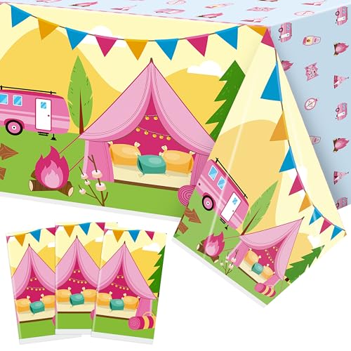 Image of Table Cover Party Decor - 3 Pack Pink Camping Themed Disposable Plastic Rectangle Table Cloths Birthday School Christmas Holiday Party Favors Classroom Decoration Supplies Games Activities