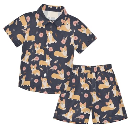 Image of Sunflower Floral Yellow Black Short Sleeve Hawaiian Button Down Shirts and Short Sets for Boys Toddler Summer Outfits