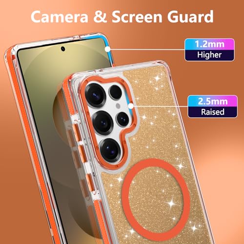 Image of Magnetic Case for Samsung Galaxy S25 Ultra [Compatible with Magsafe] [Bling Glitter Fluorescent Design] [1 Screen Protector] Slim Translucent Matte Case for Galaxy S25 Ultra 6.9 inch, Orange