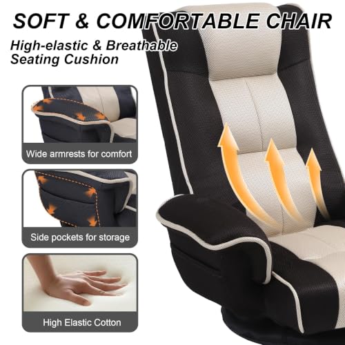 Image of Swivel Floor Chair for Adults, 14-Position Adjustable Floor Gaming Chair with Back Support & Armrests, Foldable Lazy Sofa Lounge, Breathable Mesh for Gaming Reading Meditation (Black /Beige)