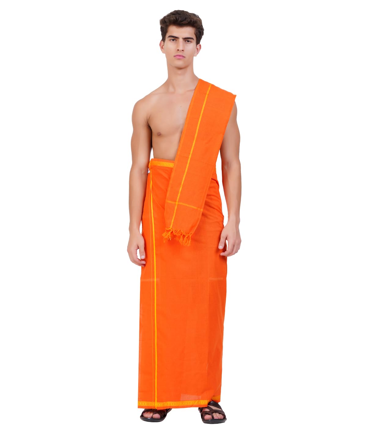 ragini v Men's Readymade Dhoti with Velcro Closure and Angavastram – Orange Lungi with Yellow Border and Towel Set | Devotional Collection | Cotton Blend | Murugar Vetti | Palani Special-picture-36