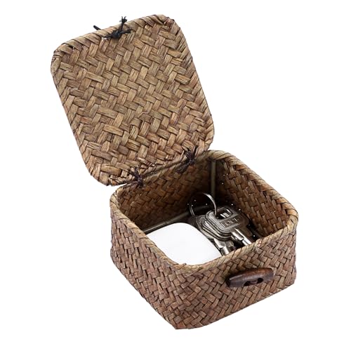 IGNPION Mini panier de rangement carré en jonc de mer avec couvercle, panier à clés, boîte de rangement pour salle de bain, étagère décorative de ferme,...