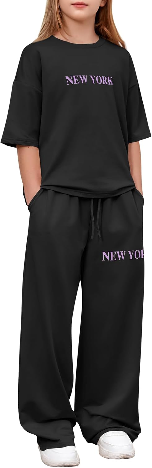 Girls 2 Piece Outfits Fashion Tracksuits 3/4 Sleeve Sweatshirts and Loose Casual Pants with Pockets Sets