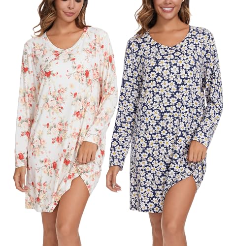 Image of Kabento 2 Pack Long Sleeve Nightgowns for Women Soft Cotton Night Gowns Sleepwear V Neck Nightshirts