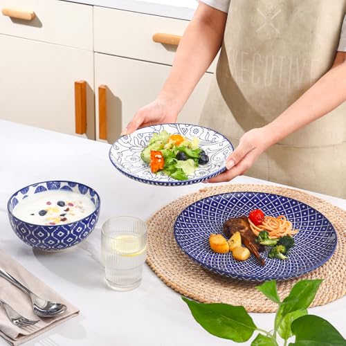Image of Selamica Ceramic Plates and Bowls Sets,18 Pieces Retro Floral Dinnerware Sets for 6,Dishwasher & Microwave Safe dish set,Family & Holiday Dining, Vintage Blue