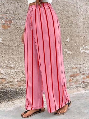Image of Acelitt Women Casual Drawstring Elastic Waist Striped Wide Leg Pants with Pockets, S-XXL