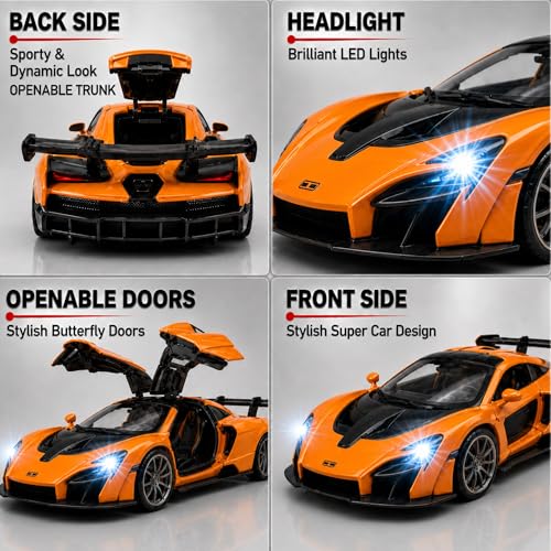 Image of GRAPHENE 1:32 Scale Diecast Pullback Metal Toy Car for Boys High Speed Friction Premium Realistic Model Sports Car Miniature Openable Doors Trunk Light Music Best Gift for Boys Girls for 2+ (Orange)