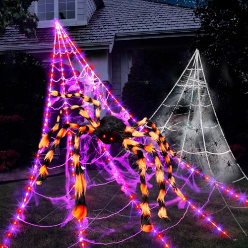 Halloween Giant Spider Web Lights Decorations Outdoor 16.4FT Spider Web Lights with Colored 5FT Spider LED Waterproof Net Lights Remote Control 8 Modes Cobweb for Yard House Garden Haunted Decor