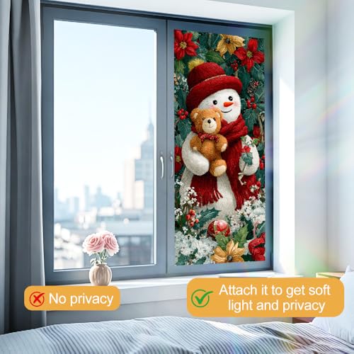 Image of Decorative Window Film 17.32 x 39.37 Inch Snowman Artwork with Teddy Bear and Floral Accents Artistic Window Film for Glass Panels Home Office Studio Display