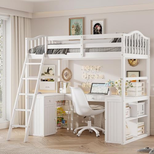 Harper & Bright Designs Twin Size Loft Bed with Desk, Drawers and Storage Cabinet, Wooden Loft Bed with Shelves for Kids Teens (White)