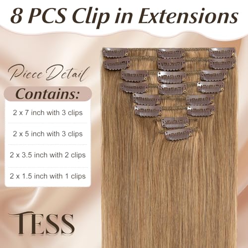 TESS Clip in Hair Extensions Real Human Hair Blonde Remy Seamless 8 Pieces Straight for Women/Girls (#27 Dark Blonde, 14 Inch 60g) - Image 2
