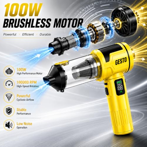 Image of Gesto HEPA Filter Enabled Vaccum Cleaner for Car & Home | Wireless | 100W Powerful Motor | 6000mAh Battery | 4-in-1 Blower, Suction, Inflation & Sealing | Digital Display | 1 Year Warranty (Yellow)