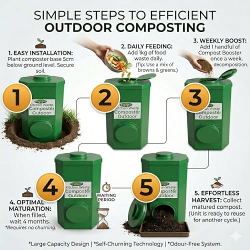 Image of Kitchen Waste Composter, 65 litres Outdoor Bin with Compost Booster, Green