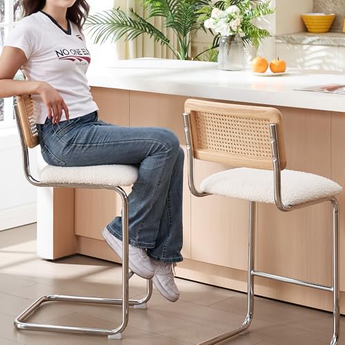 Image of ONEVOG Rattan Counter Height Bar Stools Set of 2, 26 inch Boucle Barstools with Natural Solid Wood Cane Back & Matte Black Metal Legs, Upholstered Counter Kitchen Island Chairs, Cantilevered Design, White