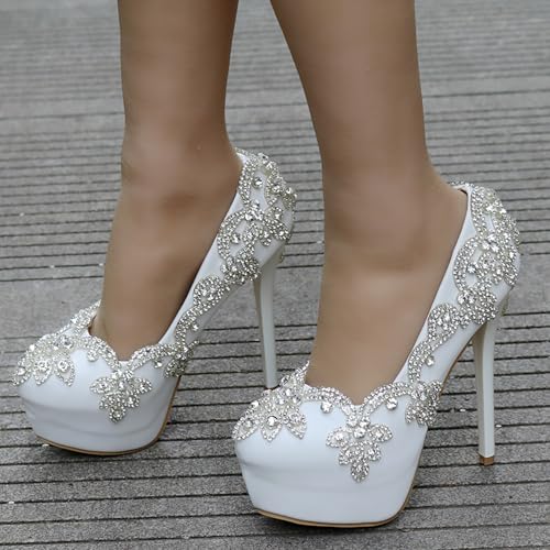 Women's White Wedding Shoes for Bride High Heels Platform Closed Toe Bridal Shoes Prom Party Dress Pumps Sandals,White,392