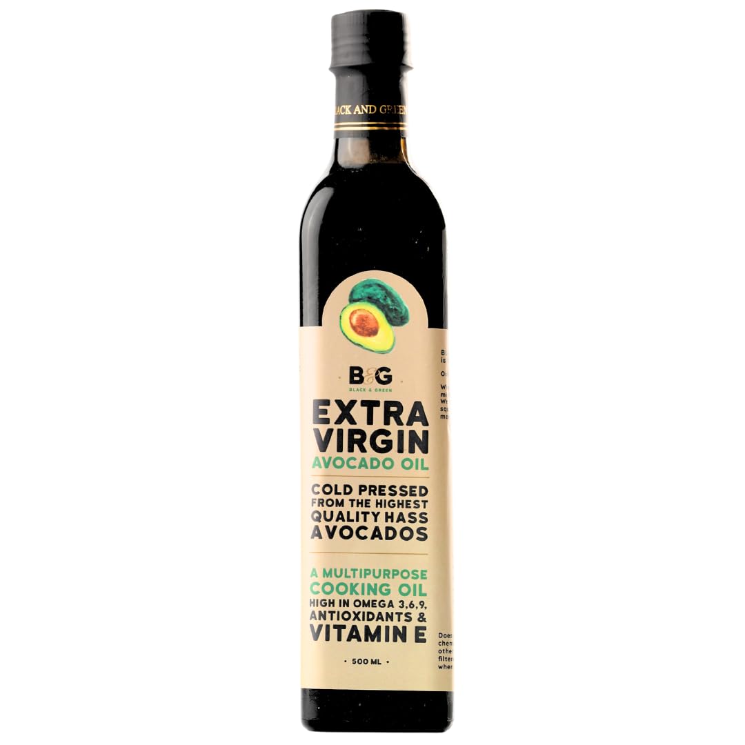 Black and Green Extra Virgin Cold Press Multipurpose Avocado Cooking Oil Bottle (500 ml)