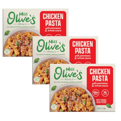 Miss Olive’s Chicken Pasta Parmesan with Tomato Sauce – Shelf-Stable Microwavable Ready Meals (3 Pack, 7 oz Each) – Fully Cooked Heat & Eat Chicken Pasta Meals