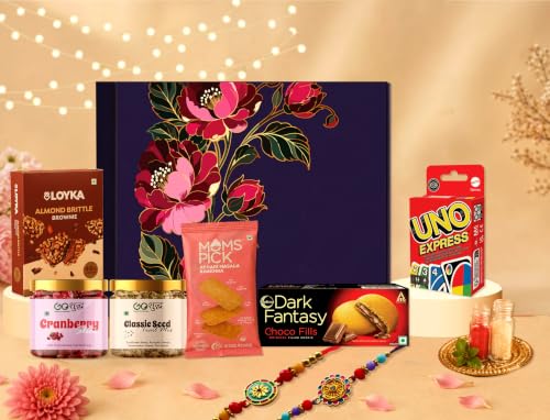 Goshudh 8 Item Rakhi Gift Hamper for Brother & Sister | Classic Seed Trail Mix, Cranberry, Mom's Pick Khakhra, Dark Fantasy, Loyka Almond Brittle Brownie, UNO Cards, Set of 2 Rakhi with Roli Chawal | Raksha Bandhan Gift Box