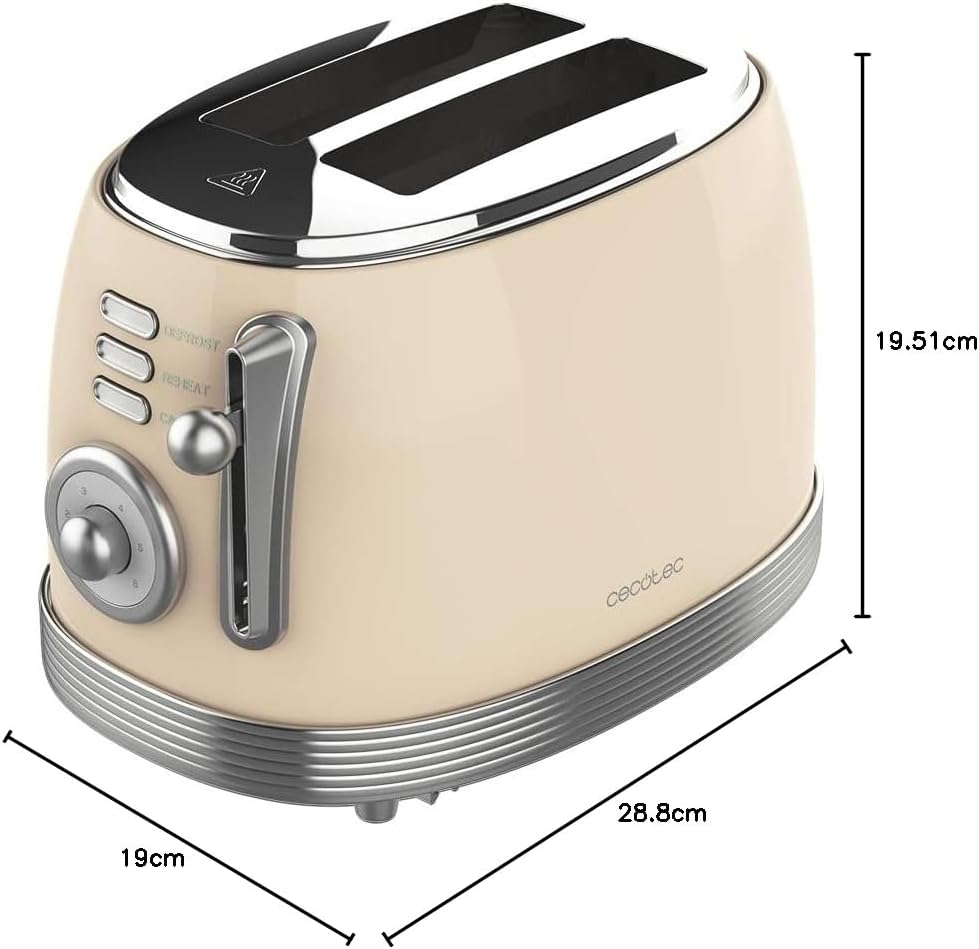 Diagram showing the dimensions of the Cecotec Toast & Taste 800 Vintage Toaster