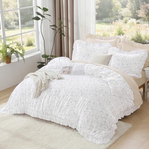 Image of Litanika Floral Ruffle Queen Comforter Set, 3 Pieces White Cream Farmhouse Aesthetic Soft Lightweight Fluffy Bedding Comforter Sets for Girls Women, All Season (90x90In Comforter, 2 Pillowcases)