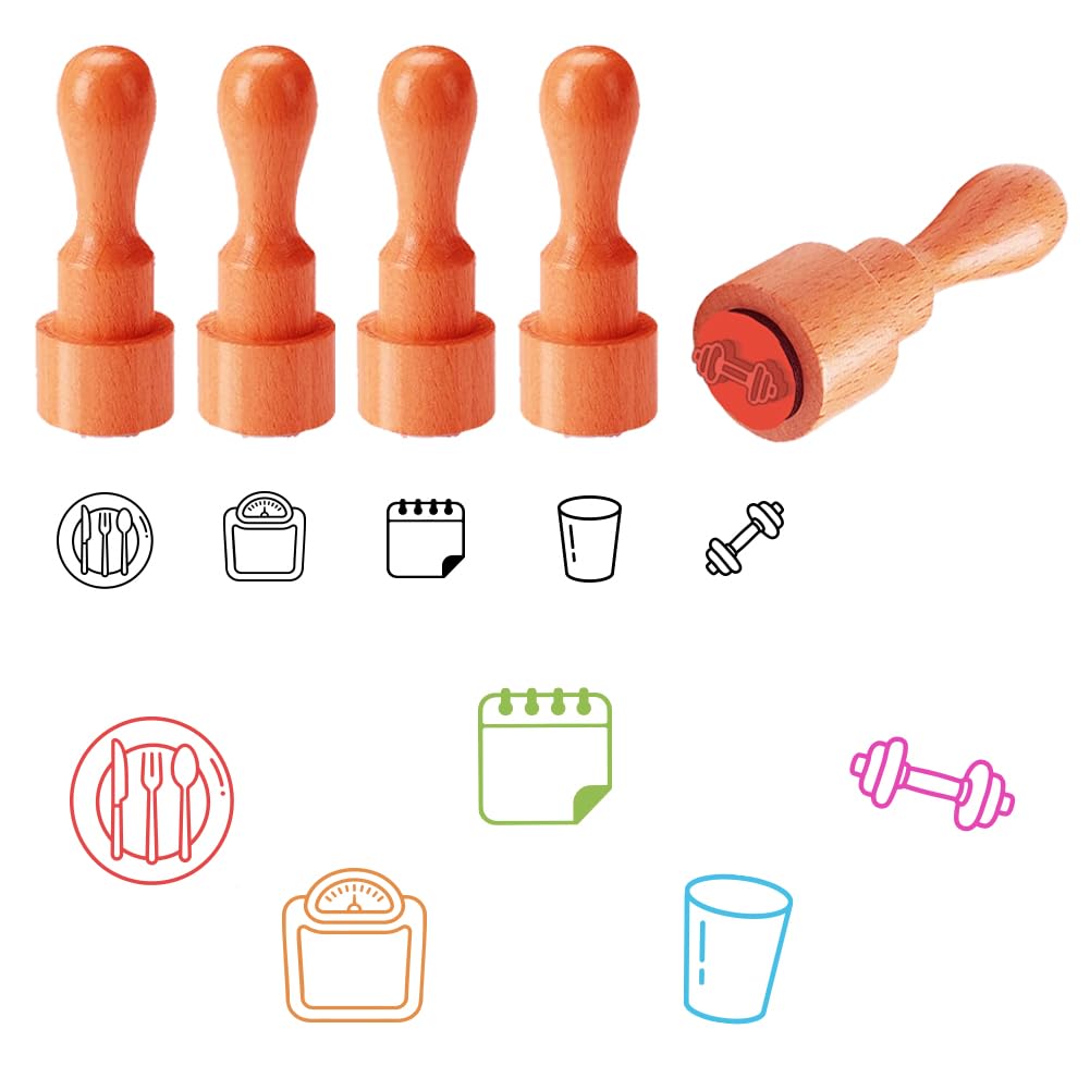 AHANDMAKER 5 Styles Mini Wooden Rubber Stamps, Diet, Weight Scale, Dumbbell Round Handle Stamps Health and Fitness Theme Decorative Wood Stamp for DIY Crafting Scrapbooking Card Making Planner