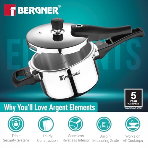 Image of Bergner Argent Elements Triply Stainless Steel 1.5 L Outer Lid Pressure Cooker, Healthy Cooking, Even Heat Distribution, Sturdy Handle, Easy Lock System, Safety Gasket - Induction and Gas Stove Ready