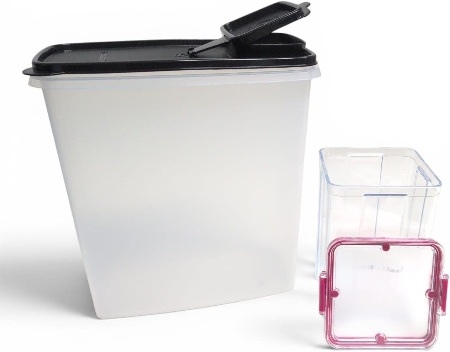 Tupperware Eidgenosse 4,5 l czarny przezroczysty pojemnik na zapasy + Airlock Eidgenosse 1,1 l Clear Collection czerwony – modułowy system lodówki na mąkę, cukier, makaron i zapasy