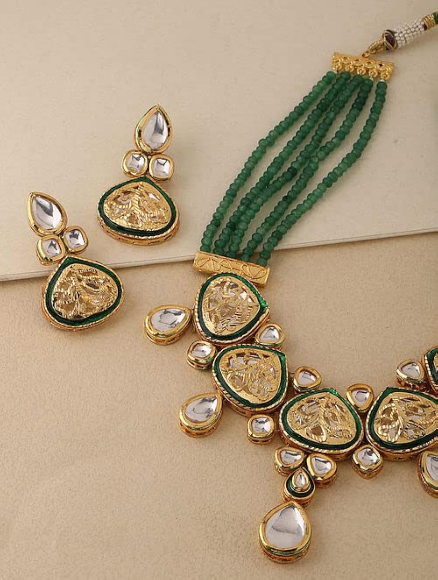 Beautiful Meenakari Long Kundan Necklace with Green Beads Set