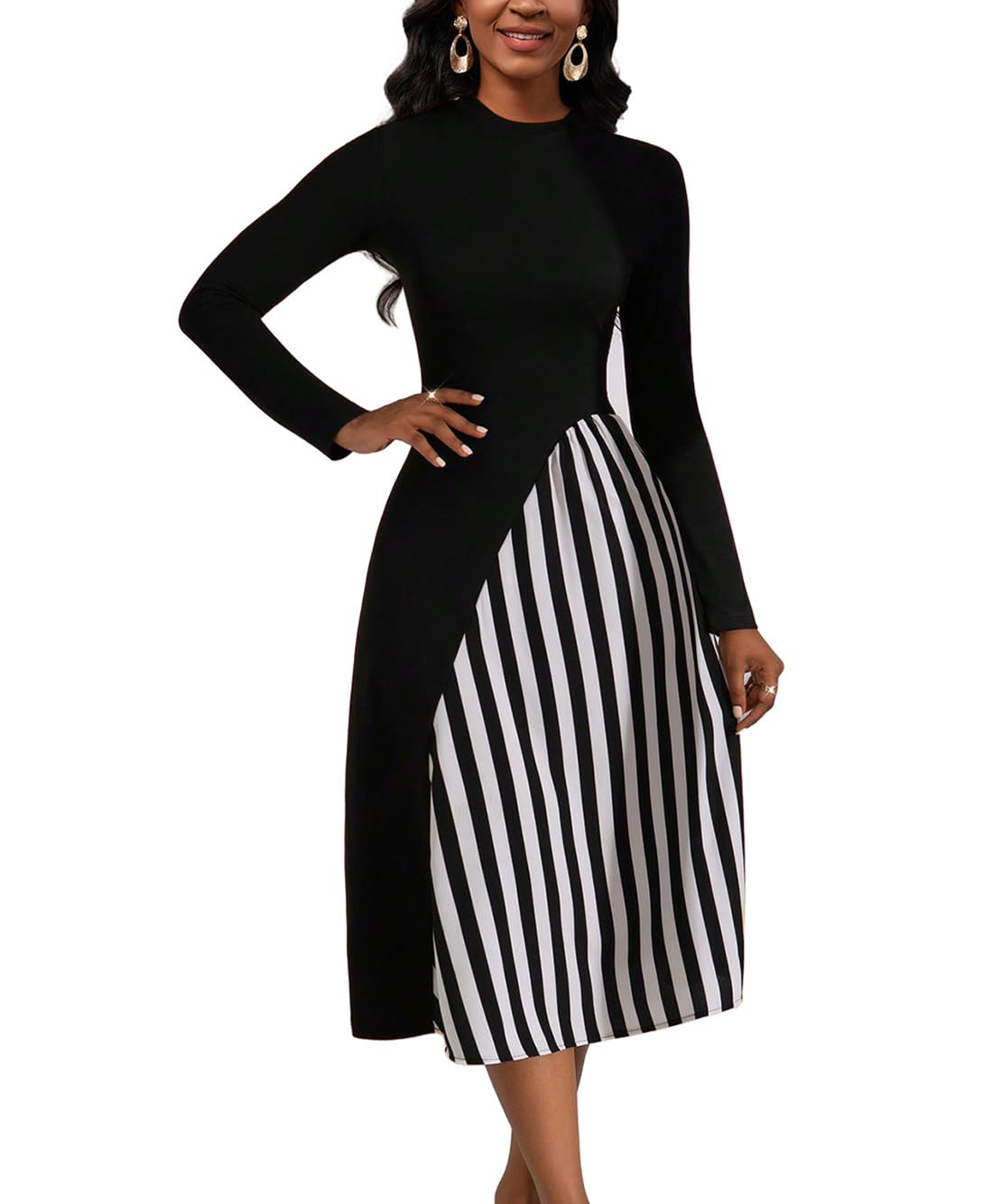 HipGlamp Women's Casual Crew Neck Long Sleeve Dress 2024 Splice Striped Midi Dress Pencil Cocktail Dresses
