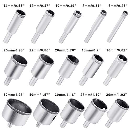 Broca de diamante BOLLAER para mármol, vidrio y cerámica (set de 15 piezas), diámetros de 6 a 50 mm, acero al carbono miniatura 2