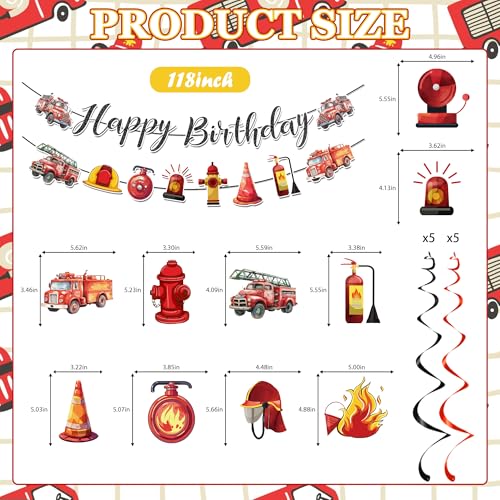 Image of Firetruck Birthday Party Decorations Include Fire Truck Happy Birthday Glitter Banner Firefighte Hanging Swirls Supplies for Fireman Birthday Theme Party Rescue Events