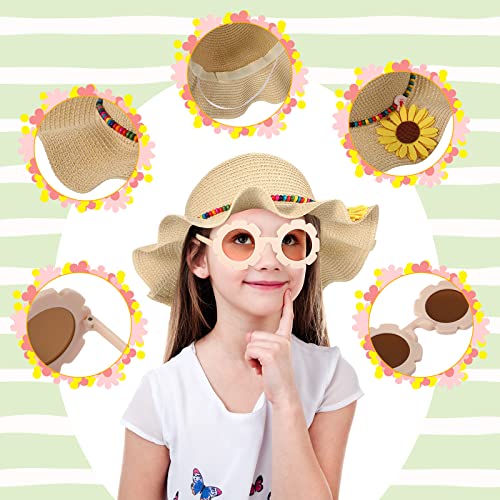 Jecery Summer Straw Hat for Girls Large Brim Sunflower Beach Hat Flower Cute Sun Cap with Flower Round Sunglasses3