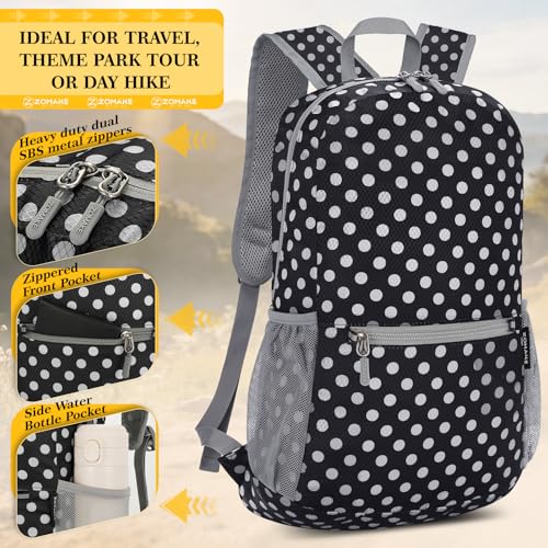 Image of ZOMAKE Ultra Lightweight Hiking Backpack 20L, Packable Small Backpacks Water Resistant Daypack for Women Men(Black,White Polka Dot)