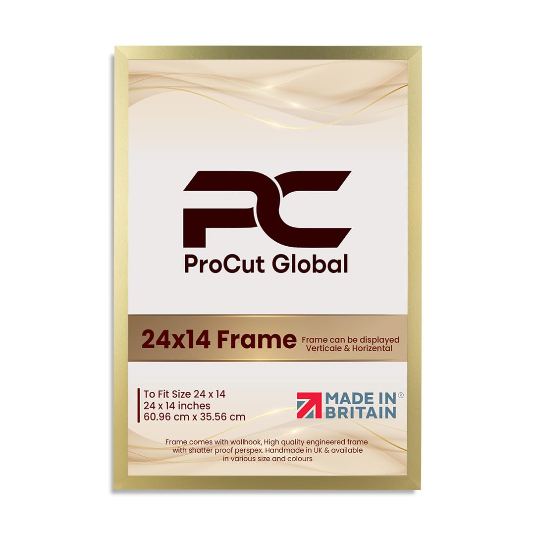 Procut Global 24X14 Gold Picture Frames – Sleek Wooden Photo Frame with Shatterproof Perspex for Wall or Tabletop – Perfect for Posters, Certificates, Prints–Multiple Sizes & Colors Available