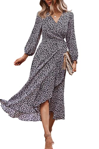 MOPOOGOSS Floral Print Dresses for Women Cute Spring Autumn Casual Wrap Deep V Neck High Slit Chiffon Lantern Long Sleeve Long Maxi Dresses Black Large