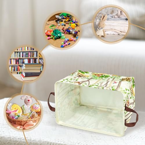 Image of Woodland Animal Storage Basket Waterproof Canvas Toy Storage Bin Home Forest Decor Collapsible Outdoor Basket with Leather Handles Woodland Decor Blanket Baskets For Closets,Bedrooms,Gifts Baskets