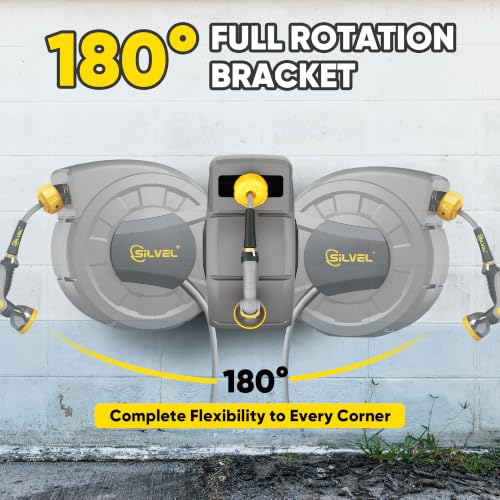 Image of Retractable Garden Hose Reel, 1 /2 inch x 130ft Wall Mount Heavy Duty Automatic Hose Reel with 10 Pattern Nozzle, Any Length Lock & Slow Return System, 180Swivel Bracket Upgraded UV Resistant,Yellow