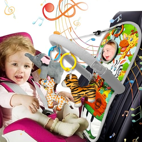 Image of TOYMNI Car Seat Toys for 6-12 Months - Musical Pedal Piano with Baby Mirror, Squeaky Sensory Soft Animal Toys for Rear Facing Carseats