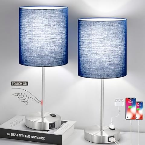 𝟮𝟬𝟮𝟯 𝗡𝗘𝗪 Set of 2 Touch Control Table Lamps with 2 USB & AC Outlet, 3-Way Dimmable Bedside Nightstand Lamps for Bedroom Living Room Nursery, 800 Lumens 5000K Daylight Bulbs Included Cover