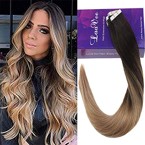 LaaVoo 22 Inch Highlighted Tape in Human Hair Extensions Remy Human Hair Balayage 50g 20 Pcs Per Package Ombre Color #2 Brown Fading to Color #18 Ash Blonde