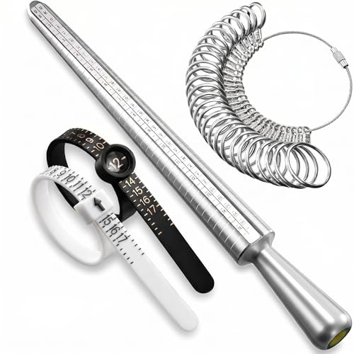 Ring Sizer Measuring Tool Set with Finger Sizer Mandrel Ring Gauge for Jewelry Sizing Silver 4 Piece (Metal-4 Set)