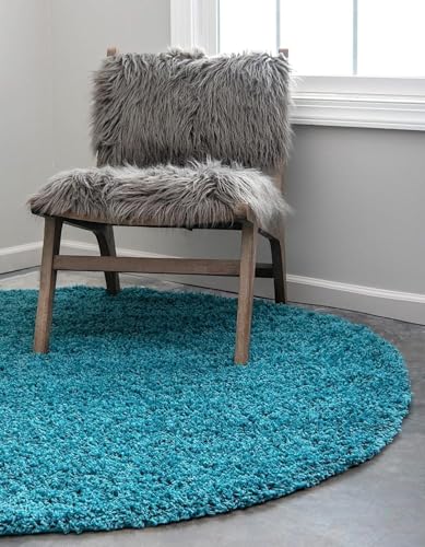 Image of Plain Shaggy Rugs and Carpet for Home and Floor Mats 4x4 Round Turquoise Color