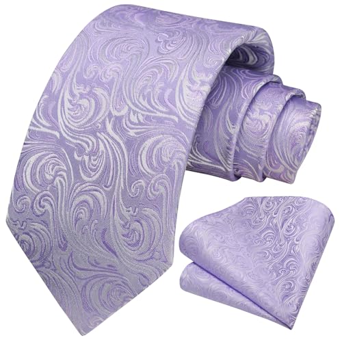 Image of HISDERN Extra Long Ties for Men Classic Floral Tie and Pocket Square Elegant Silk Necktie Handkerchief Set Wedding Party