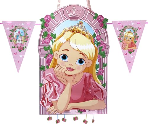 CHEERSET Pignatta Princesse + Guirlande 2 m – Décoration de fêtes pour enfants et filles – Grandes Pignades à remplir avec jouets et friandises