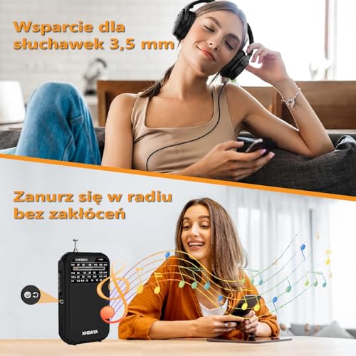 XHDATA D220 małe radio FM AM SW UKW retro, mini przenośne radio, radio na baterie (AA), odbiornik światowy z doskonałym odbiorem i głośnikiem, do użytku na zewnątrz, dla seniorów (czarne)