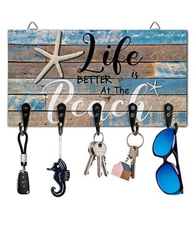 Ocean Beach Starfish Wood Wall Mounted Key Holder With 5 Hooks - Hang Keys, Dog Leash, Sunglasses - Summer Farmhouse Navy Blue Rack Organizer for Home, Entryway, Hallway