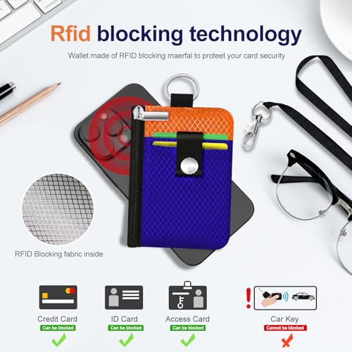 Image of Minimalist RFID Blocking Small Wallet with ID Window,WaterResistant Zip Id Case Wallet with Lanyard Keychain for Cards,Cash,Travel,Women,Men (Sapphire Blue /Orange)