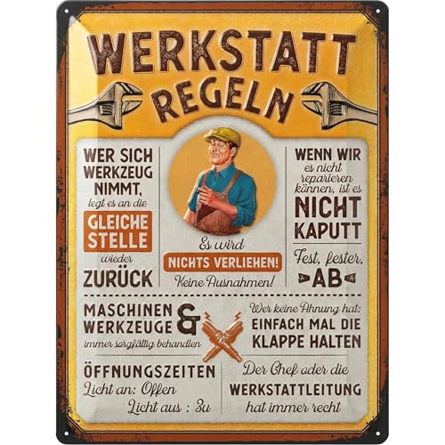 LANOLU XXL Retro Blechschild Werkstatt Schild - lustige Werkstattregeln für Männer - wichtige Regeln für die Werkstatt, KFZ Mechaniker Geschenk Vatertag, Garagen Deko Metallschild 30x40cm