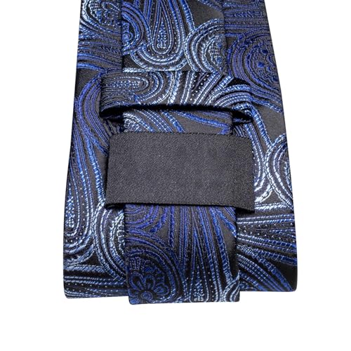 Image of Dubulle Mens Black Blue Paisley Floral Tie for Men Striped Necktie and Pocket Square Cufflinks Set Wedding Business